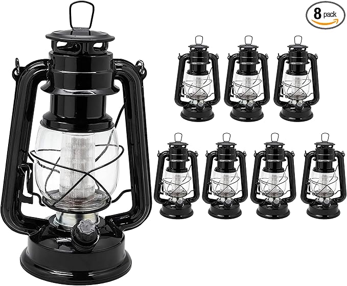 YAKii LED Vintage Lantern Metal Hanging Hurricane Lantern 12 LED Dimmer Switch Cold White Battery Operated Power Outage Indoor Camping Lighting Outdoor Brooklyn Decoration (Black Pack of 8)-Ruum Studio Home