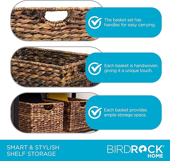 BIRDROCK HOME Woven Storage Shelf Organizer Baskets with Handles - Set of 3 - Abaca Wicker Basket - Pantry Living Room Office Bathroom Shelves Organization - Under Shelf Basket - Handwoven (Espresso)-Ruum Studio Home