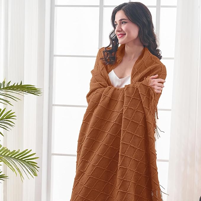 inhand Knitted Throw Blanket for Couch and Bed, Soft Living Room Home Decor Knitted Blanket with Tassel, Outdoor Lightweight Breathable Summer Blanket, Farmhouse Warm Woven Decorative, 50"x60"-Ruum Studio Home