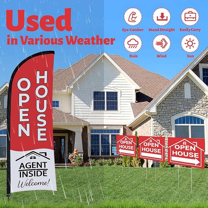 44 Pcs Open House Signs for Real Estate Agent Supplies, Double Sided Open House Flag with Poles Kit, 7.6 x 5.4 Ft Red Opening Sign Banner Set, 5 Pack Yard Signs with Metal Stakes 30 Balloons-Ruum Studio Home