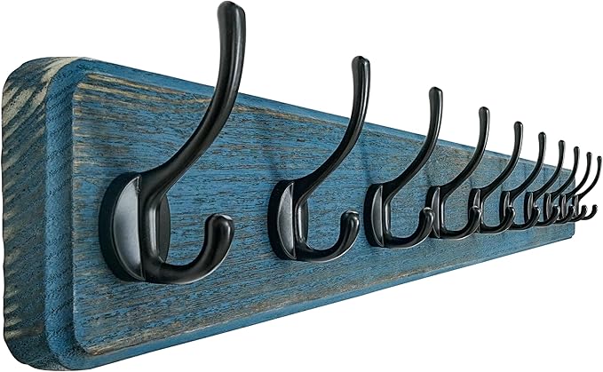 Dseap Coat Rack Wall: 38-1/4" Long, Patented, Heavy-Duty, 10-Double-Hooks Wooden Wall Mounted Coat Rack Coat Hanger Hook Rail for Winter Coats Hat Jacket Clothing, Weathered Blue-Ruum Studio Home