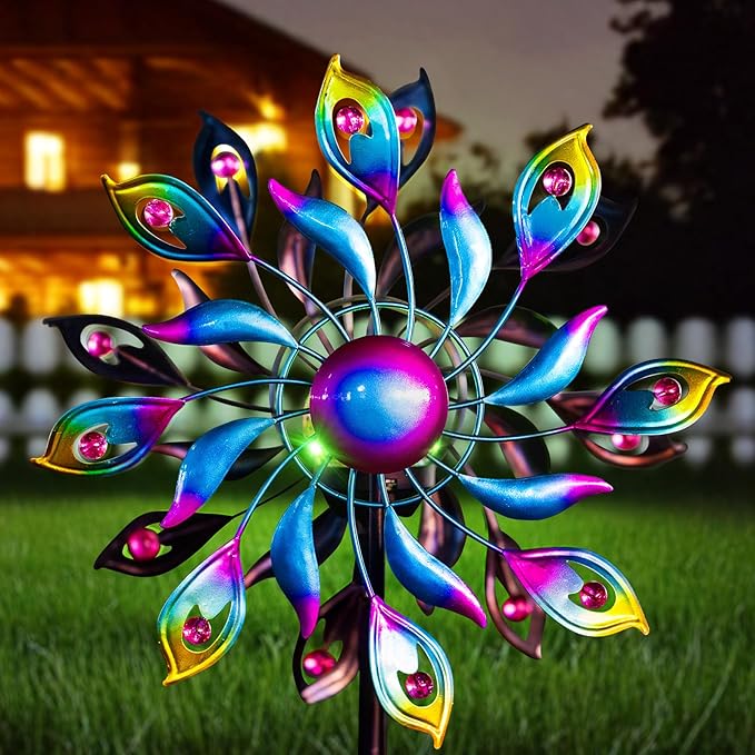 360°Peacock Solar Wind Spinner with Lights Blue Metal Garden Outdoor Decor Yard Lawn Art Decor for Patio Kinetic Windmills Unique Gifts for Friends and Family 51.9' H x 12.2'' Dia-Ruum Studio Home
