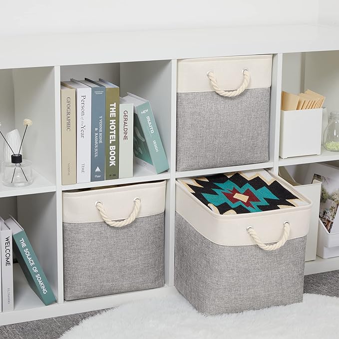 Bidtakay Fabric Basket Set - Large Square Organizer Bins, 13x13, Set of 3, White & Grey-Ruum Studio Home