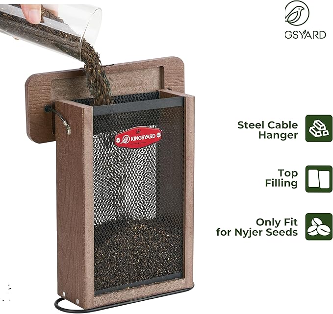 Kingsyard Metal Mesh Bird Feeder for Outdoors Hanging, Finch Feeder for Nyjer/Thistle, Sliding Mesh & Built-in Perch, Recycled Plastic, Brown-Ruum Studio Home