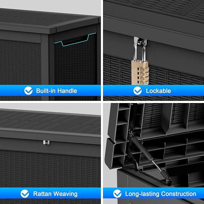 260 Gallon Deck Box XXL Large Outdoor Storage for Patio Furniture,Outdoor Cushions,Garden Tools and Pool Supplies,Waterproof,Resin,Lockable(Black Rattan)-Ruum Studio Home