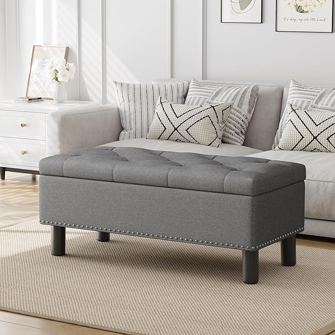 Furniliving Ottoman Bench with Storage, Folding Storage Ottoman Bench with Wood Legs, Upholstered Bedroom Bench with Button-Tufted, Entryway Bench Storage Bench for Bedroom, Linen (Darkgrey)-Ruum Studio Home