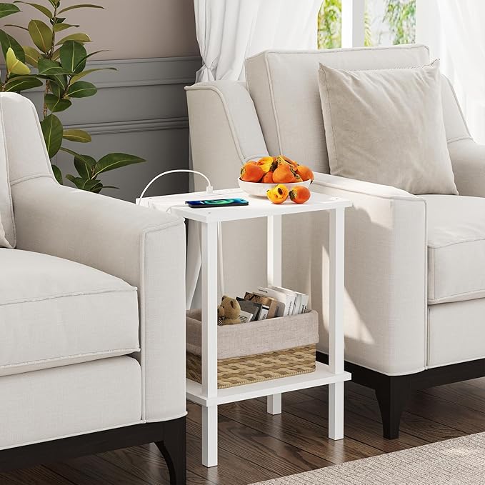 TUTOTAK End Table with Charging Station, Small Side Table with Outlets, Nightstand Bedside Table, 2-Tier Storage Shelf for Small Space, Living Room, Bedroom, White TB01BW040-Ruum Studio Home