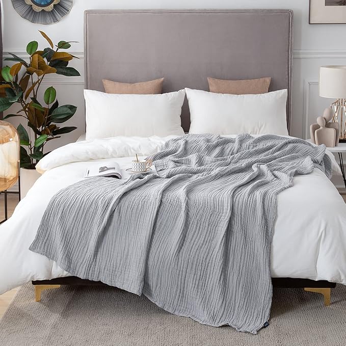 EMME Cooling Throw Blanket for Hot Flashes Muslin Throw Blanket 100% Cotton Throws Gauze All Season Soft Lightweight Breathable (Light Grey, 60"x80")-Ruum Studio Home