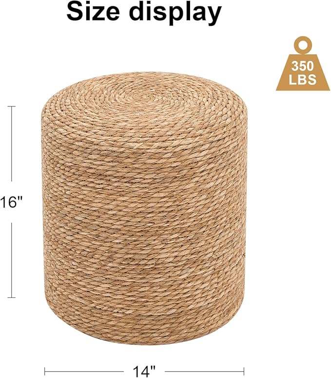 Pouf Ottomans, Handwoven Natural Straw Footstool, Round Braided Outdoor Patio Stool with Wood Frame, Boho Decor Accent Seat Balcony, or Garden (Natural)-Ruum Studio Home
