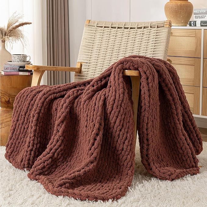 Chunky Knit Blanket Throw, 100% Hand Knit Throw Blanket Handmade Chenille Cable Knit Throw for Couch, Stylish Cozy Soft Rope Knot Crochet Blanket for Home Decor, Copper Brown, 40x50 Inches-Ruum Studio Home