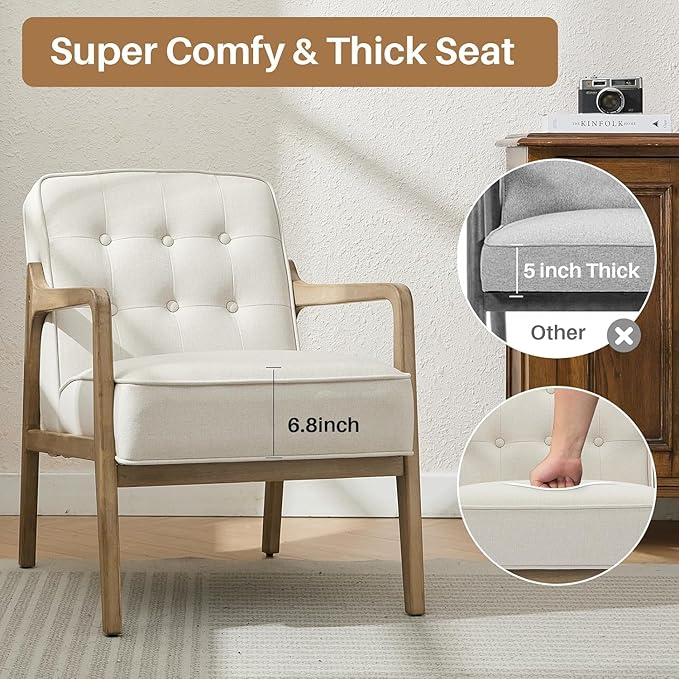 Linen Accent Chair Set of 2, Mid Century Modern Chair for Living Room, Upholstered Comfy Lounge Armchair with Solid Wood Frame, Reading Side Chair for Bedroom,105°Ergonomic Comfort, White-Ruum Studio Home