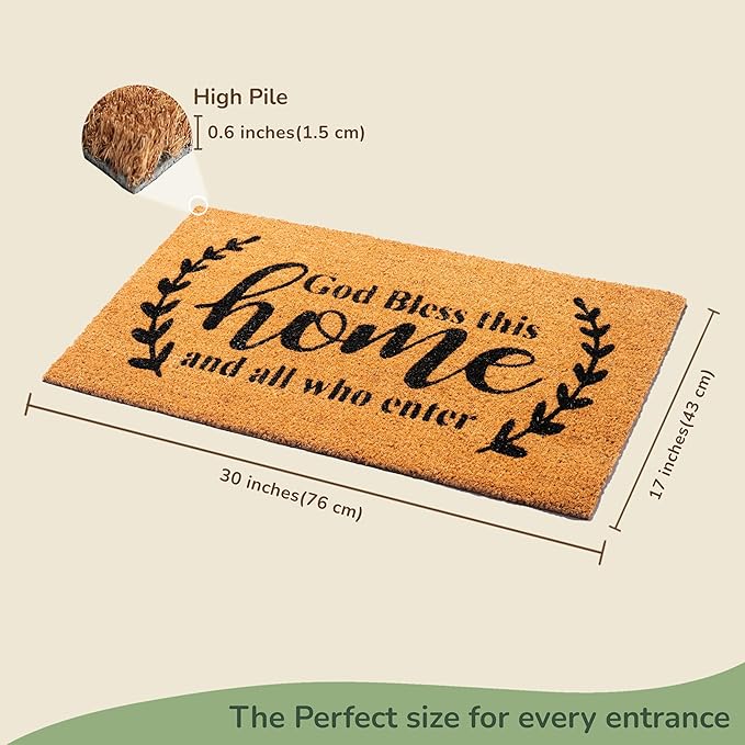 Welcome Doormats, Natural Coco Coir Mats with Non-Slip PVC Backing, Indoor Outdoor Mats for Home & Office, Mats for Door with God Bless This Home Print, Beige & Black, 30"x17"-Ruum Studio Home
