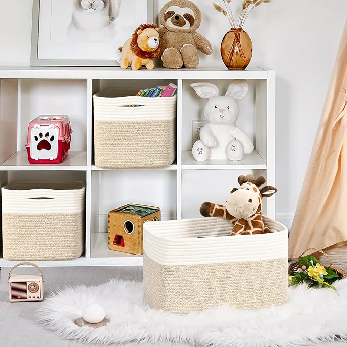 Shelf Baskets for Organizing, Woven Storage Basket for Shelves, Cotton Rope Storage Bins for Toys Books, Nursery Towel Baskets for Classroom, 14.96"X9.8"X8.85", 3-Pack White/Brown-Ruum Studio Home