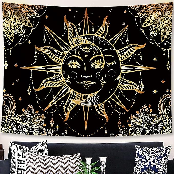 Lunerfex Hippie Sun and Moon Tapestry Bohemian Tapestry Aesthetic Cute Tapestries for Bedroom and Living Room Decor Sun 50×60 Inches-Ruum Studio Home