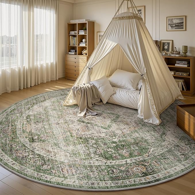 AMOAMI-6FT Round Rug-Rugs for Living Room-Vintage Soft Olive Green Rugs for Bedroom-Non Slip Circle Rug-Machine Washable Rug for Dining Room Living Room Bedroom Office Under Table-Ruum Studio Home