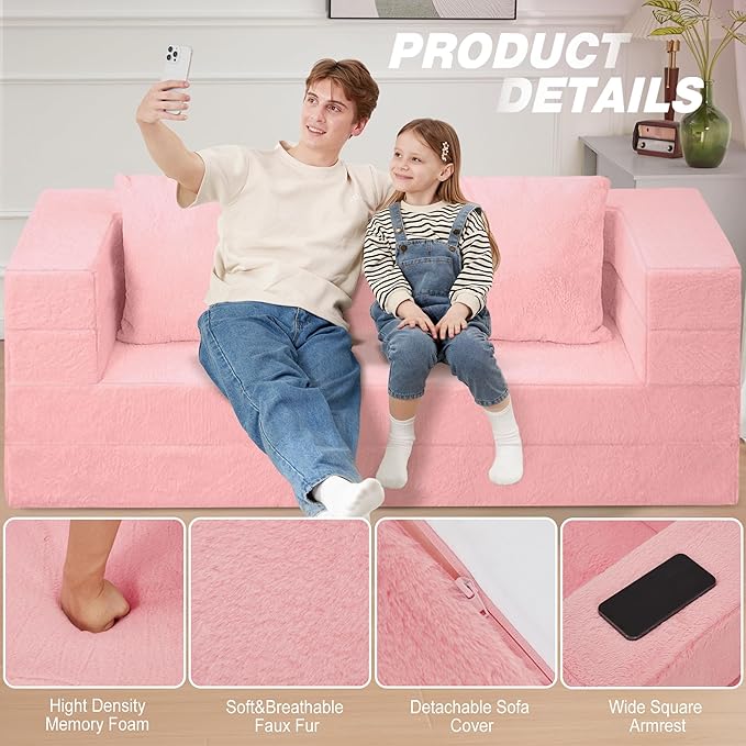 Folding Bean Bag Chair for Adults,3-in-1 Bean Bag Couch Faux Fur Floor Sofa Large Beanbag Convertible Bean Bag Sofa Bed with Pillow in Bedroom,Living Room,Apartment(Queen,Pink)-Ruum Studio Home