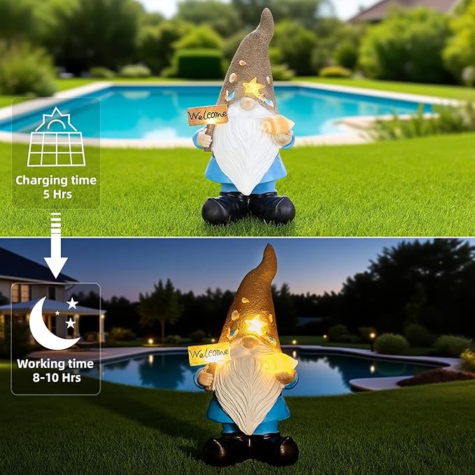Solar Garden Gnomes Decor Outdoor Statue - Gnome Welcome Sign with LED Waterproof Sculptures Lights, Gnome Pond/Yard Statues Outside Decoration, Home, Lawn, Patio, Resin Ornament, Gardening Gift-Ruum Studio Home