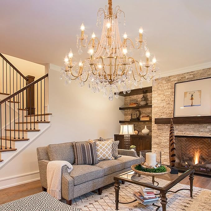 40" Large Brass Crystal Chandeliers,Gold Brushed Brass Chandelier for High Ceiling Living Room Dining Room Staircase Hallway Entryway Foyer(15-Light, Bulb Included)-Ruum Studio Home