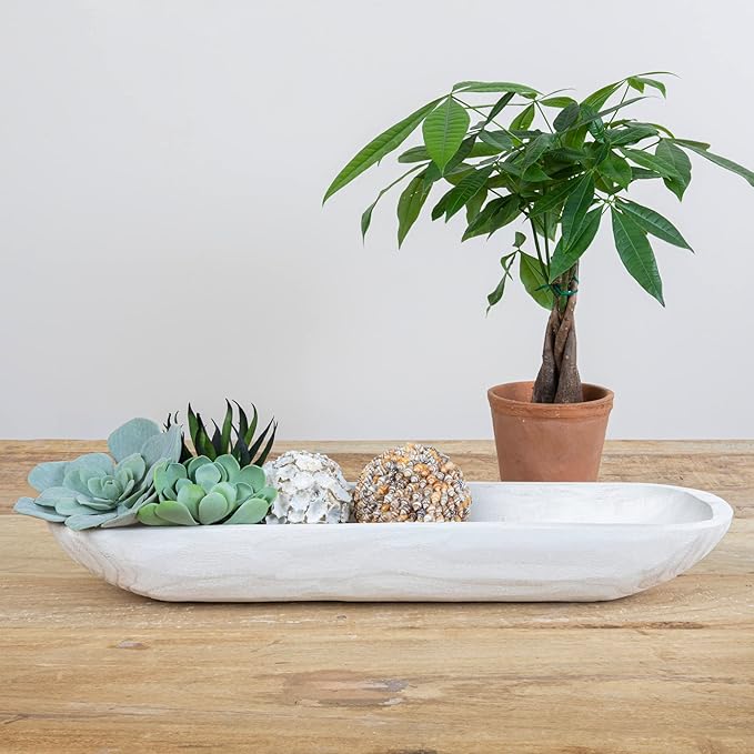 Creative Co-Op Decorative Paulownia Wood Tray, White-Ruum Studio Home