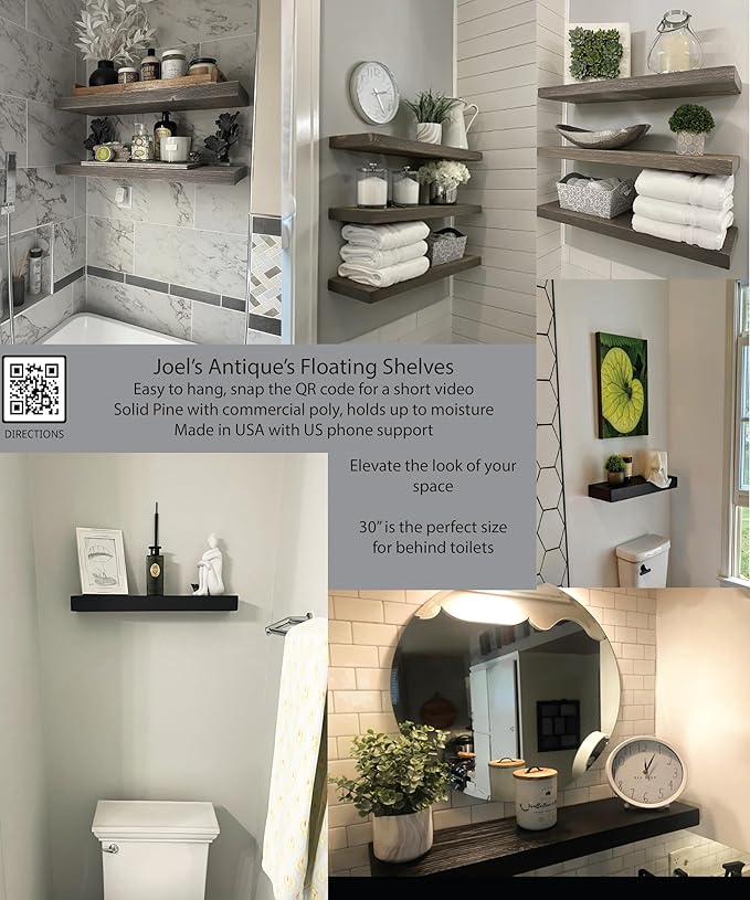 Joel's Antiques - 30 Inch Wooden Floating Shelves for Wall - 30x8x2 in - Made of Natural Wood - Heavy Duty Rustic Wall Shelves for Bedroom - Perfect for Living Room, Kitchen - Grey-Ruum Studio Home