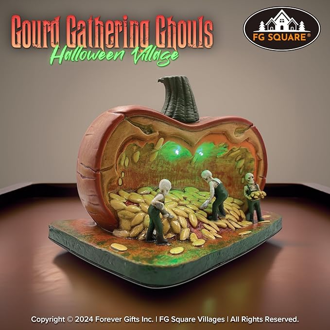 Gourd Gathering Ghouls Pumpkin Theme Spooky Halloween Village Porcelain Colorful LED Lights 7.75" x 6" x 5.75"-Ruum Studio Home