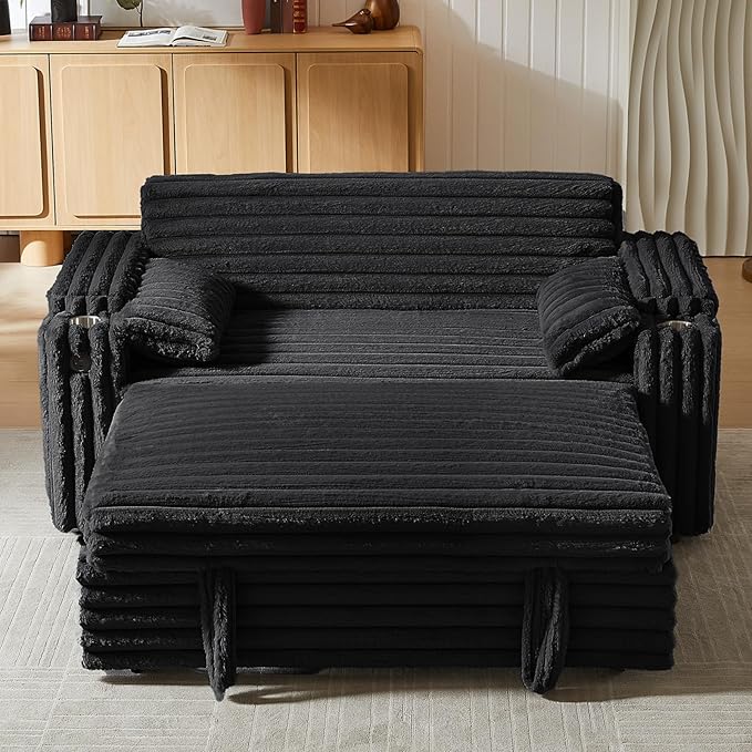 68.11" Corduroy Convertible Sofa Bed with USB Charging Port, Foldable Sleeper Chair with Pillows & Armrests, 3-in-1 Floor Couch for Living Room, Bedroom, Guest Room – Black-Ruum Studio Home