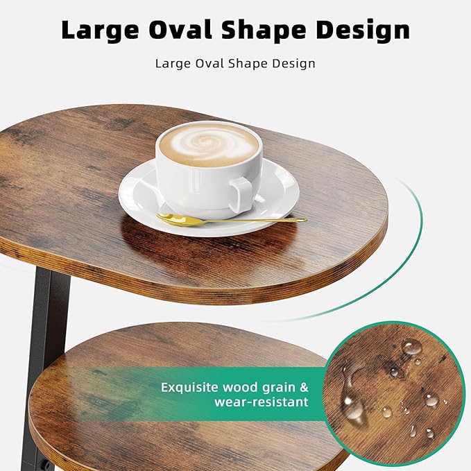 Side Table, Small End Table with Metal Frame, 3-Tier Bedside Tables, Round Side Tables for Living Room Bedroom Couch Bathroom, Oval, Vintage Brown-Ruum Studio Home