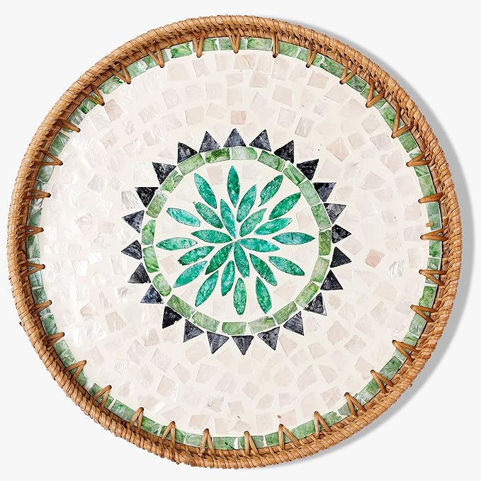Round Rattan Tray with Mother of Pearl Inlay & Wooden Base - Decorative Wicker Serving Tray for Coffee/Bread/Fruits, Food Storage & Display - Multipurpose Home Decor (M,Bohemia)-Ruum Studio Home