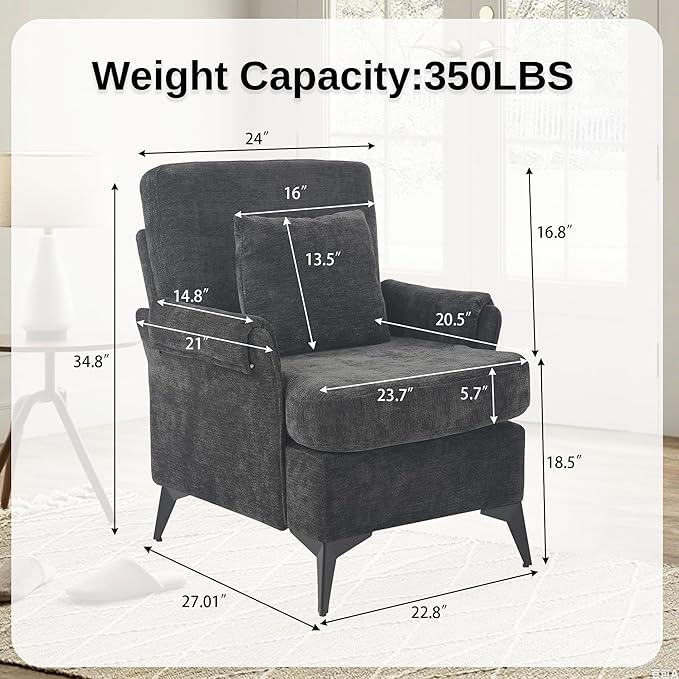 KCC Mid-Century Accent Chairs,Chenille Modern Upholstered Single Sofa,Cozy Armchair with Back for Bedroom/Office/Cafe,Black-Ruum Studio Home