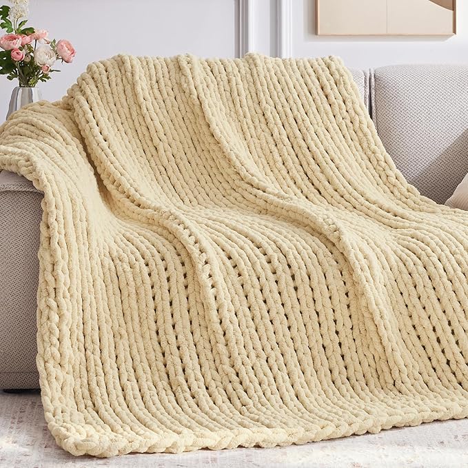 Chunky Knit Throw Blanket, 60''*80'' Knitted Throw Chenille Yarn for Bed Couch, Handmade Oatmeal Crochet Big Thick Blanket, Machine Washable Cute Comfy Blanket for Home Decor-Ruum Studio Home