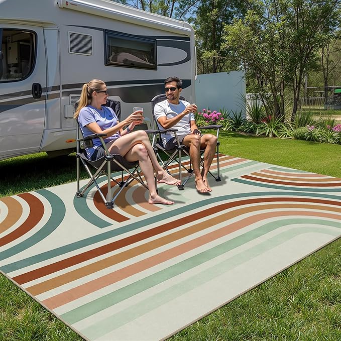 Indoor Outdoor Area Rug, Mid Century Modern Multicolored Outdoor Patio Rug,Washable Abstract Art Rainbow Rugs Non-Slip Carpet for Camping, Bedroom, Deck(8x10)-Ruum Studio Home