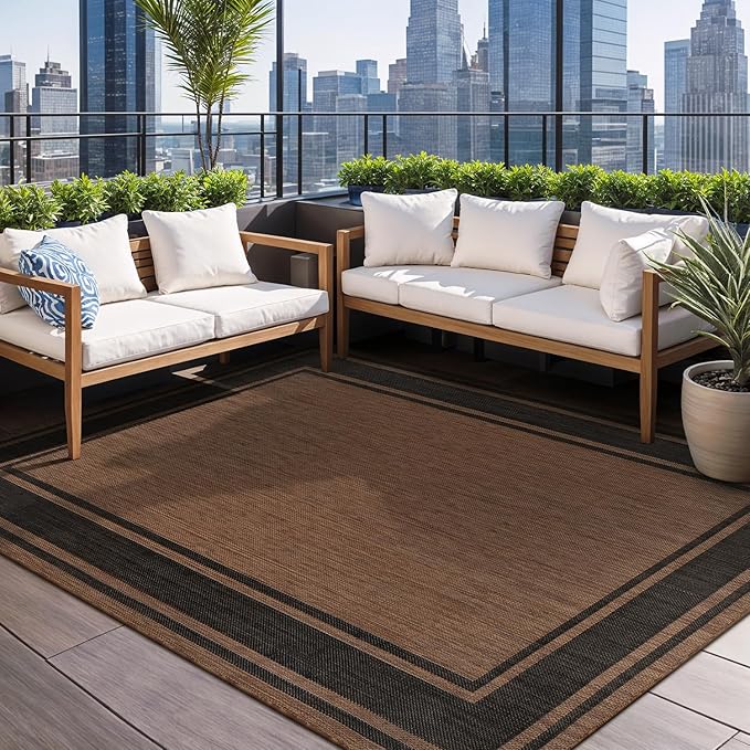 Beverly Rug Large Outdoor Rug 9x12 Modern Bordered Area Rugs for Indoor and Outdoor Patio Deck Porch Garden Waterproof Weather Sun Resistant Washable Outside Carpet (9 x 12 Gold)-Ruum Studio Home