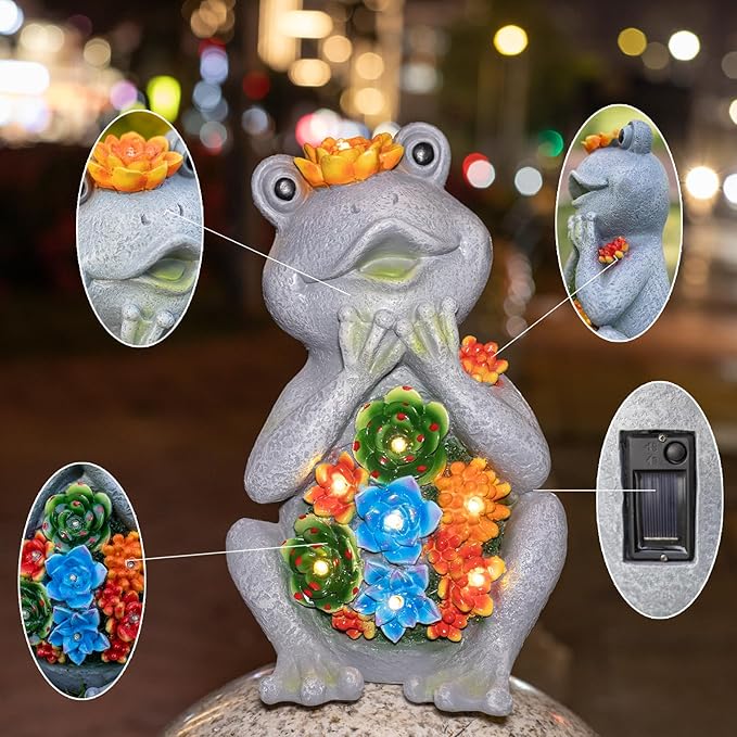 Frog Solar Figurine Light Statue Outdoor Gardening Gifts Decoration Garden Frogs Yard Decor Lamp With 8 Led Lights And Succulent Waterproof Patio Lawn Decor Housewarming Frog Gifts For Women-Ruum Studio Home