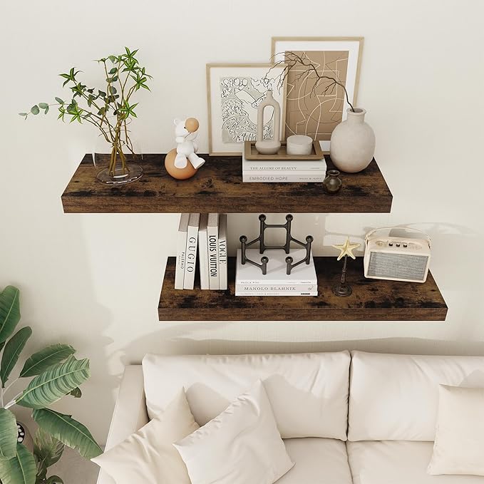 Floating Shelves 36 Inch Long, 12 Inch Deep Floating Shelves for Wall, 36 x 12 Shelves for Wall Storage & Display, 2" Thick Floating Shelf for Bathroom, Living Room, Rustic Brown Color, Set of 1-Ruum Studio Home