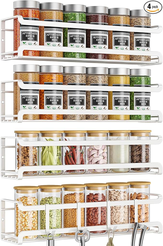 Spice Rack wall mounted 4 Pack, Space-Saving Spice Organizer for Spice Jars and Seasonings,Screw or Adhesive Hanging Spice Rack Organizer for Your Kitchen Cabinet,or Pantry Door,White-Ruum Studio Home