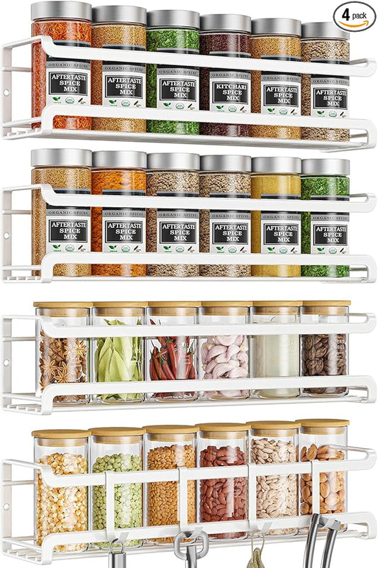 Spice Rack wall mounted 4 Pack, Space-Saving Spice Organizer for Spice Jars and Seasonings,Screw or Adhesive Hanging Spice Rack Organizer for Your Kitchen Cabinet,or Pantry Door,White-Ruum Studio Home
