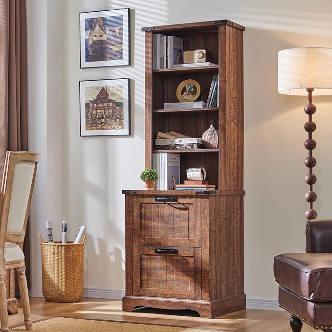 RedLemon Bookcase with 2 File Drawers, 72" Tall Farmhouse Bookshlef with Storage and Adjustable Shelves, 4 Tier Rustic Wood Bookshelf with Cabinet for Office, Living Room (Reclaimed Barnwood Color)-Ruum Studio Home