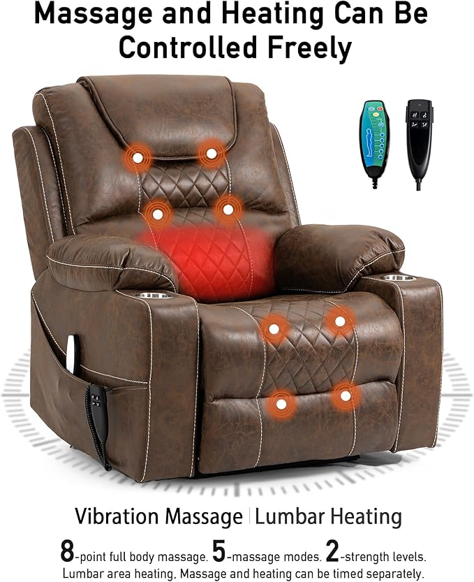 Large Power Lift Chairs Recliners for Elderly with Heated and Massage, Upgraded Dual Motor Lay Flat Recliners, 25in Extra Wide Seat, Cup Holder, Side Pocket…, Brown/Breathing Leather-Ruum Studio Home