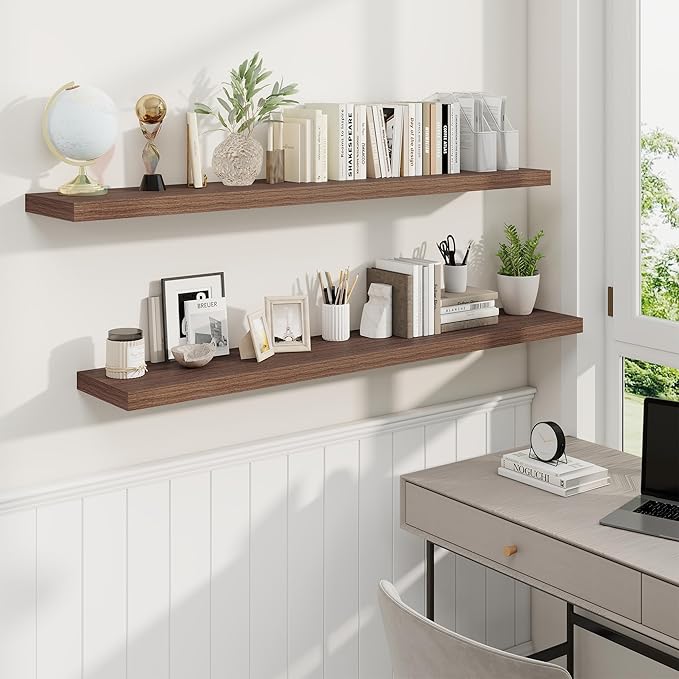 Fun Memories 55 Inch Fireplace Mantel Shelf -Long Floating Shelves, Deep Wall Mounted Farmhouse Display Shelves with Invisible Heavy Duty Metal Bracket, Walnut, 2 Pack-Ruum Studio Home