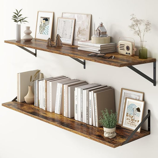 Fun Memories Deep Floating Shelves, 55W x 12D Floating Shelves for Wall, Wood Floating Shelf with Bracket, Wide Display & Storage Wall Shelves for Living Room, Bedroom, Rustic Brown-Ruum Studio Home
