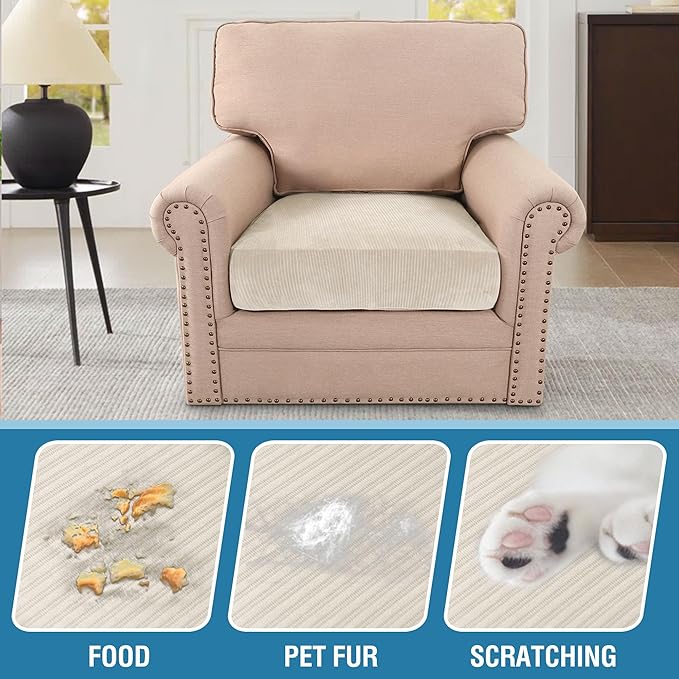 H.VERSAILTEX Velvet Stretch Couch Cushion Cover Plush Cushion Slipcover for Chair Cushion Furniture Protector Seat Cushion Sofa Cover (1 Piece Armchair Cushion Covers, Ivory Striped)-Ruum Studio Home