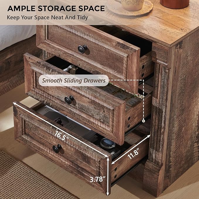 26" Tall Farmhouse Nightstand, 3 Drawers End Table w/Charging Station, 23.6" Wide Large Side Table w/Roman Column, Wood Rustic Sofa Table for Bedroom, Light Brown-Ruum Studio Home