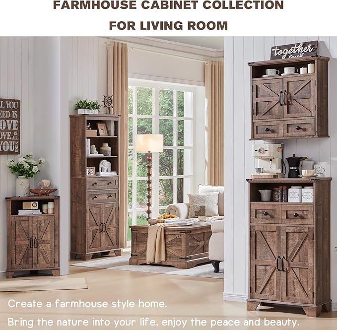 Corner Bathroom Cabinet, Farmhouse Small Corner Cabinet with Barn Door & Adjustable Shelf, Storage Cabinets for Bathroom, Kitchen, Living Room, Rustic Brown-Ruum Studio Home