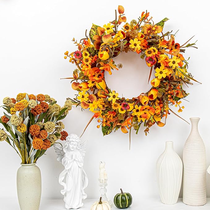18 Inches Fall Wreaths for Front Door Rustic Autumn Wreath Farmhouse Fall Floral Wreaths with Tulips Phalaenopsis Orange Wildflowers for Wall Window Porch Indoor Outside Decor-Ruum Studio Home