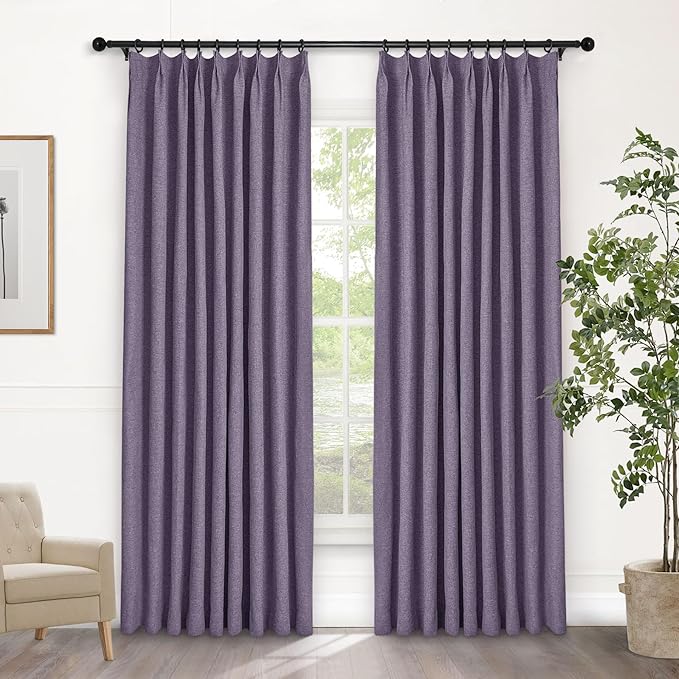 Macochico 100% Blackout Pinch Pleated Linen Curtains Thermal Window Treatments Sound Reducing Curtains for Bedroom Living Room Violet Farmhouse Burlap Drapes with Tieback 52”Wx63”L 1 Panel-Ruum Studio Home