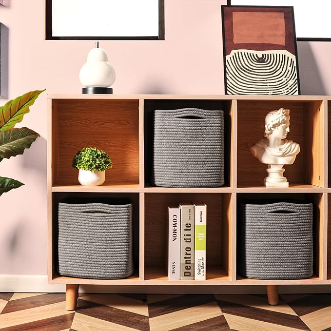 11 Inch Cube Storage Bins, Storage Cube Organizer Bins, Woven Cotton Rope Basket for Storage, Storage Baskets for Organizing Shelves, Grey Baskets for Toys Nursery, Grey (Pack of 3)-Ruum Studio Home