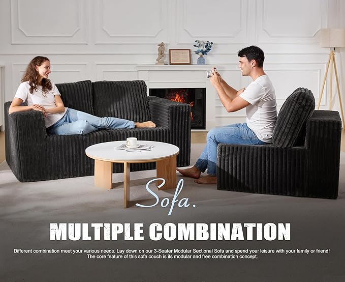 Modular Sectional Sofa 3-Seater Modular Couch with Deep Seat Memory Foam Cloud Chair with Pillows Oversized Sectional Sofa for Living Room Bedroom (Strip Grey, 3-Seater)-Ruum Studio Home