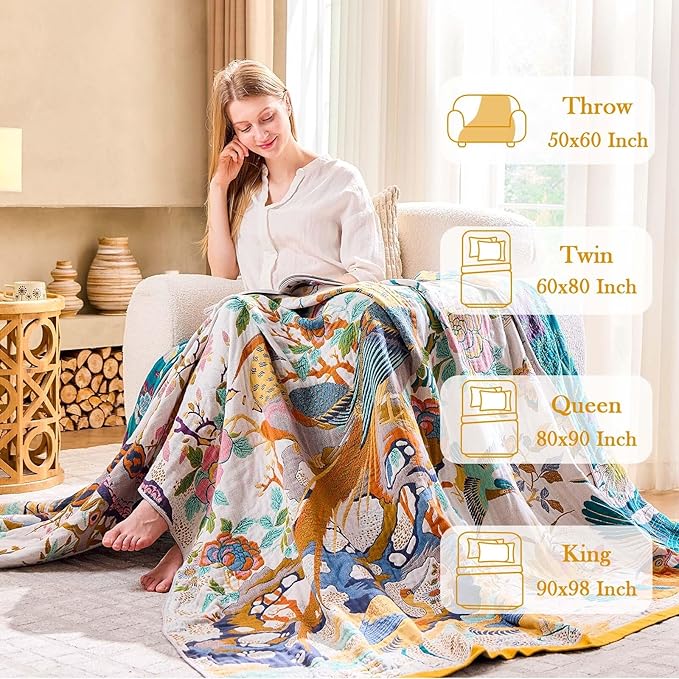 Fall Throw Blanket for Couch, Yellow Boho Decorative Throw Blanket, 100% Cotton Muslin Breathable Woven Farmhouse Blankets Quilt, 90"x98" Reversible Lightweight Blankets Bohemian Throw Quilt-Ruum Studio Home