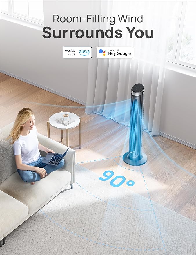 Dreo Smart Tower Fan for Bedroom, 90° Oscillating 40" Standing Fan, 26ft/s High-Speed 5 Speeds 4 Modes, Quiet Room Floor Fans, Touch/Remote/APP & Voice Control, Work with Alexa, 12H Timer, Silver-Ruum Studio Home