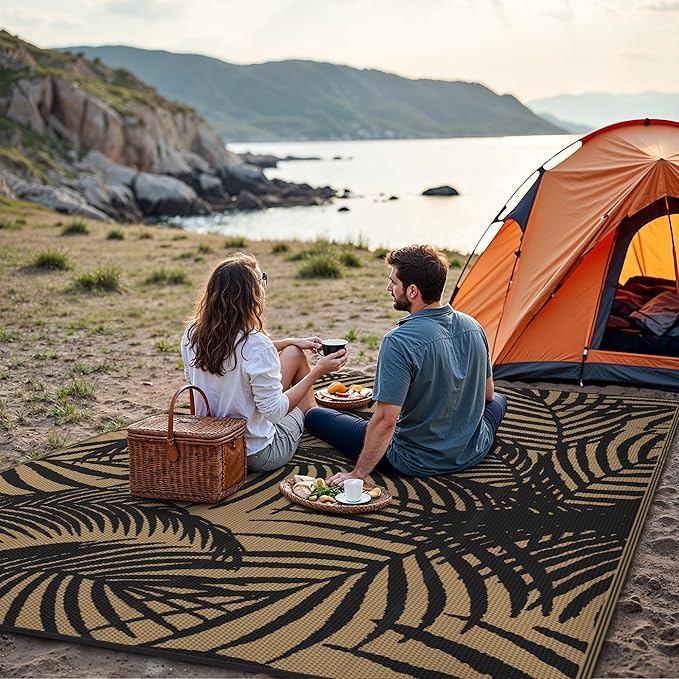 GENIMO Outdoor Rug 5' x 8' Waterproof for Patio Clearance, Reversible Plastic Straw Camping Carpet, Lightweight Mats for Rv, Backyard, Deck, Porch, Picnic, Beach, Balcony, Black & Brown-Ruum Studio Home